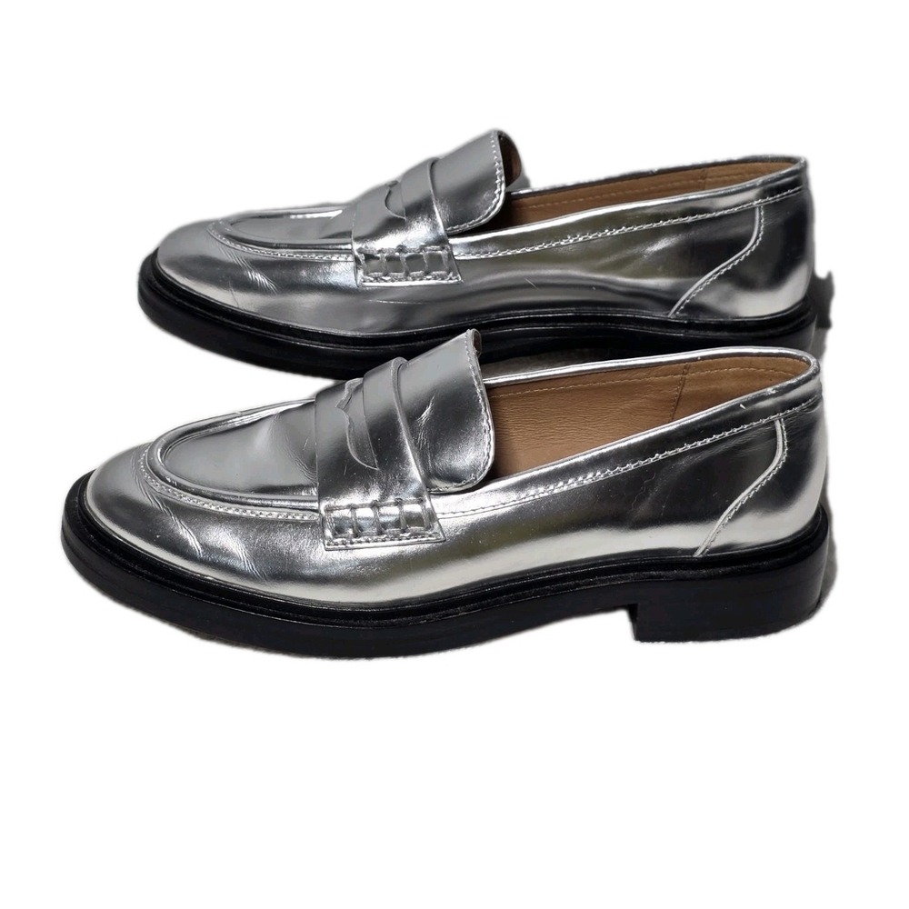 Madewell Womens Leather Size 6.5 Penny Loafer In Metallic Silver - Picture 3 of 10
